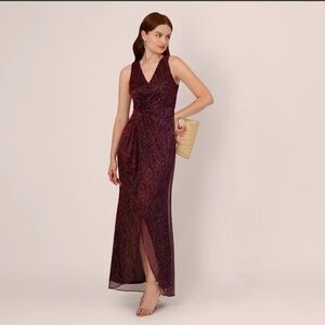 Adrianna papell 
Metallic Mesh Faux Wrap Gown With Ruffle Accents Burgundy Gold